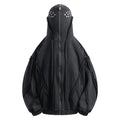 Black loose fit padded cotton cardigan with zip front and hood in retro style