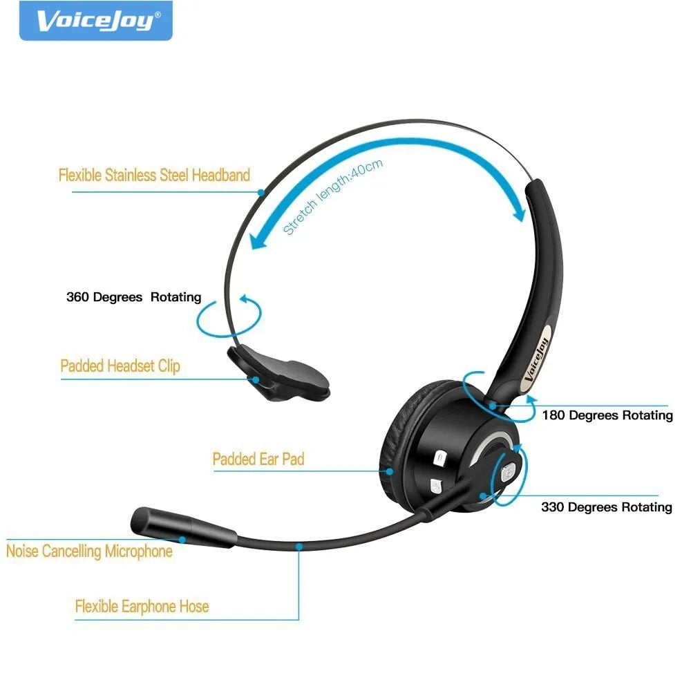 Bluetooth headset with microphone for truck drivers and office use with noise cancellation feature