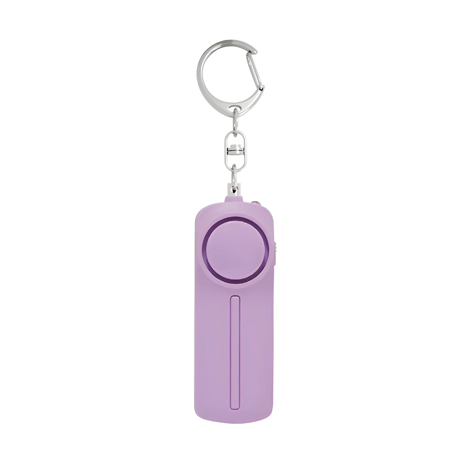 Compact pink personal safety alarm showing 130 dB siren specification and six-hour duration.