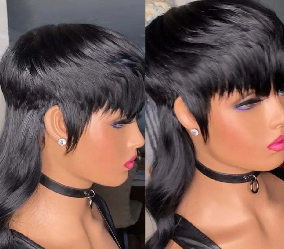 Black Brazilian wig with short bangs at the front and long hair at the back.