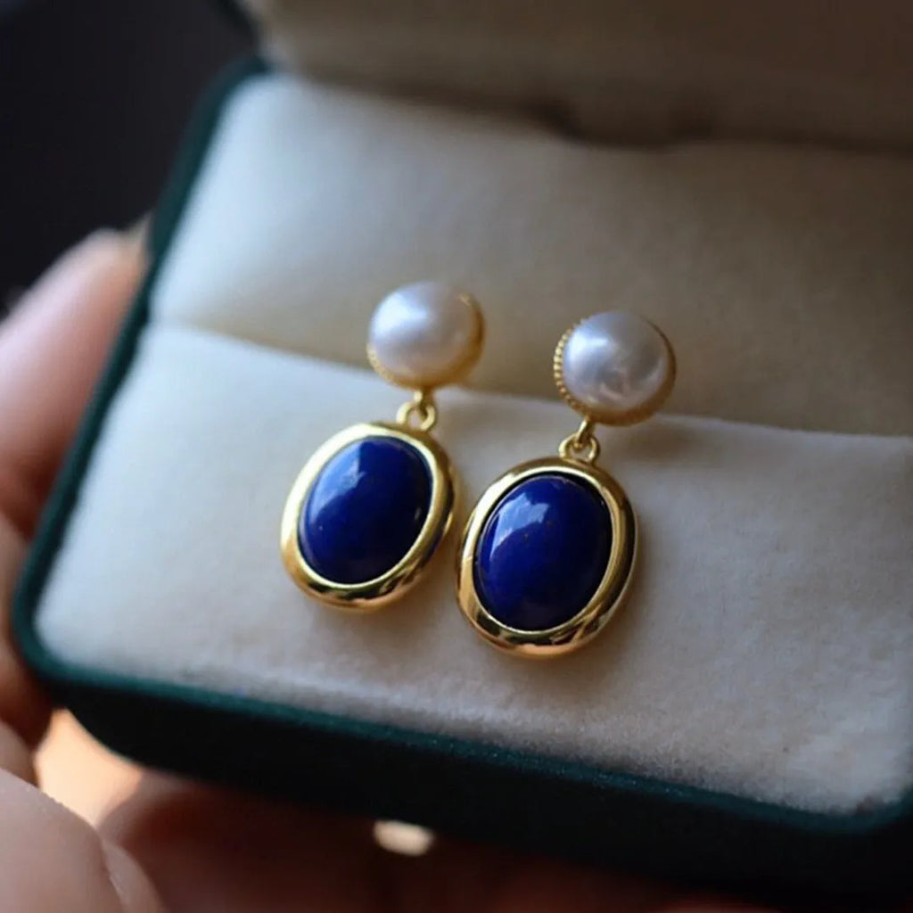 Lapis lazuli pearl earrings in 925 silver with auspicious pattern detailing