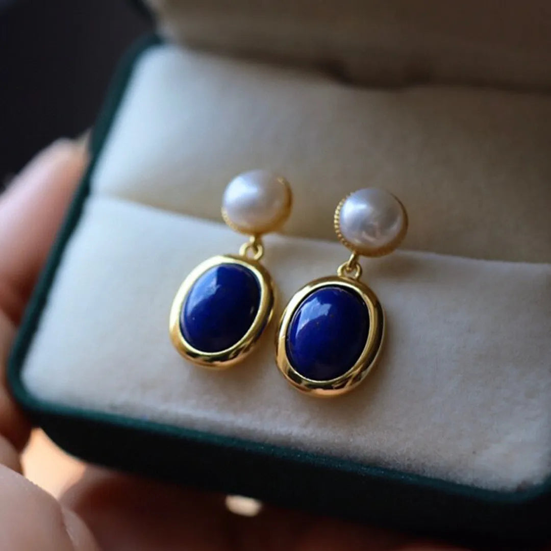 Lapis lazuli pearl earrings in 925 silver with auspicious pattern detailing
