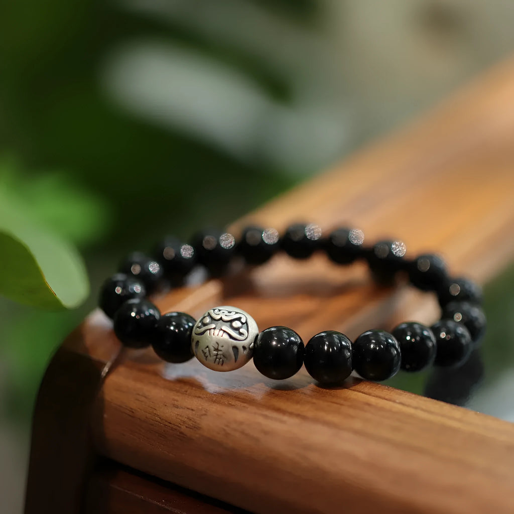Natural black agate 10mm bead bracelet with sterling silver alloy components in Chinese style