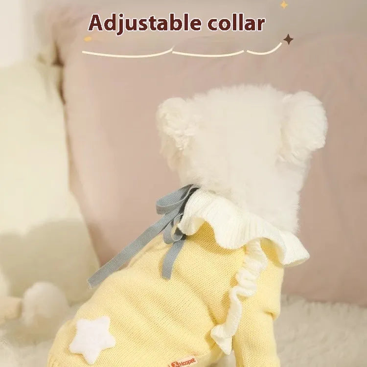 Yellow and patterned acrylic dog sweater shown in sizes for small puppies to 8kg dogs.