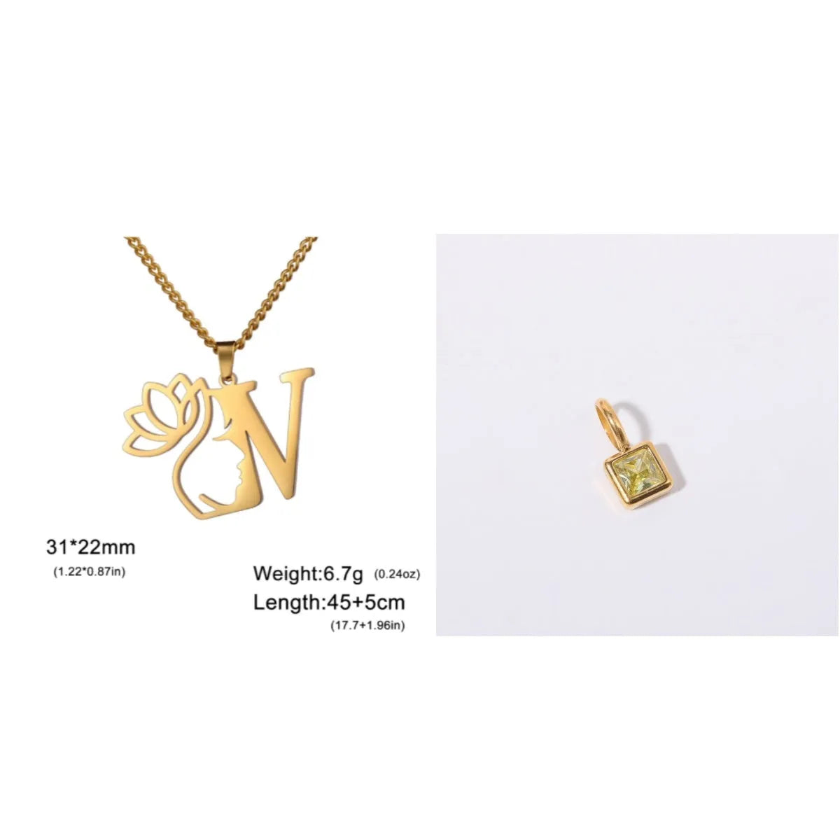 Stainless steel necklace with cross chain design and single letter pendant in gold or silver electroplated finish