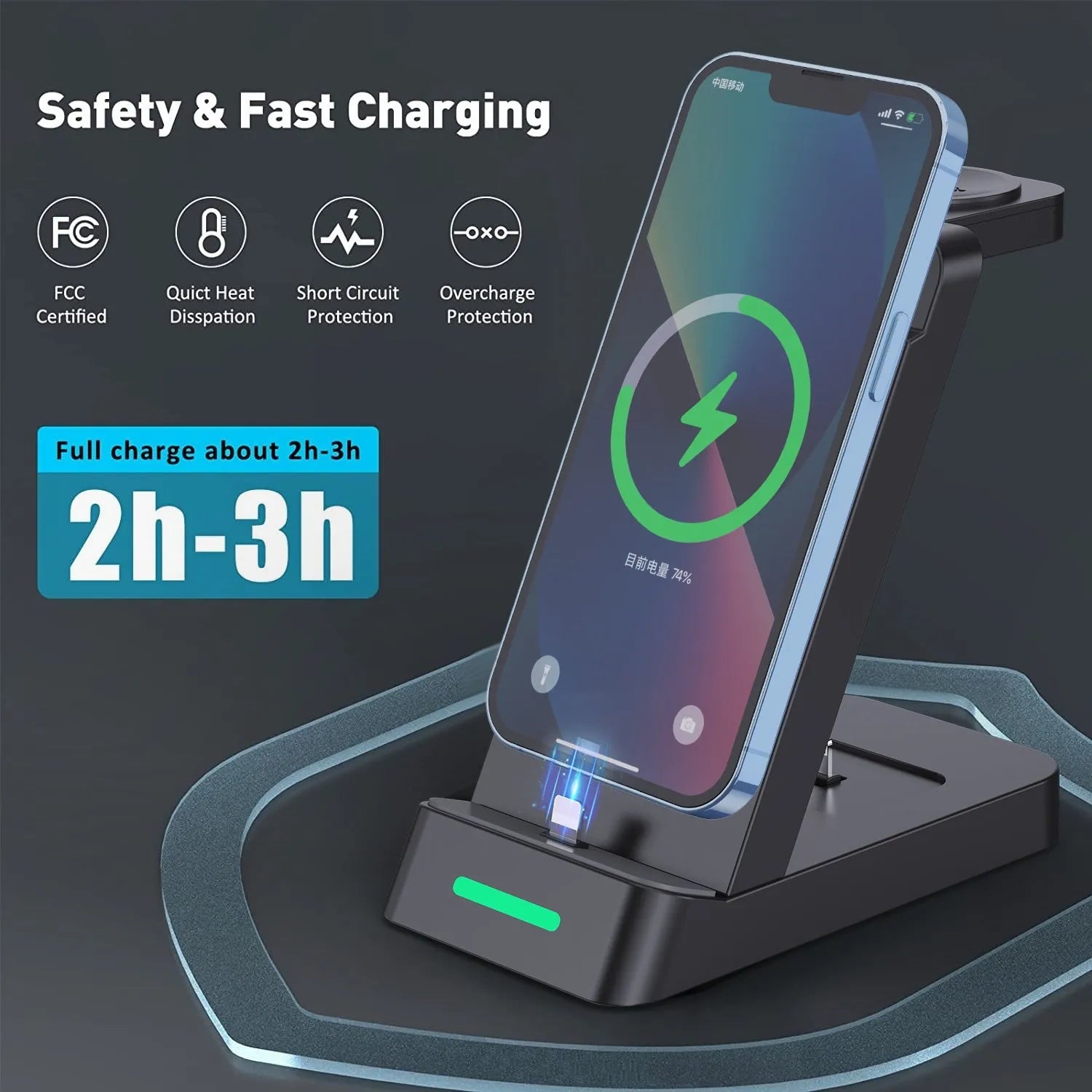 Black 3-in-1 wireless charging station holding a phone, AirPods case and Apple Watch on a desk.