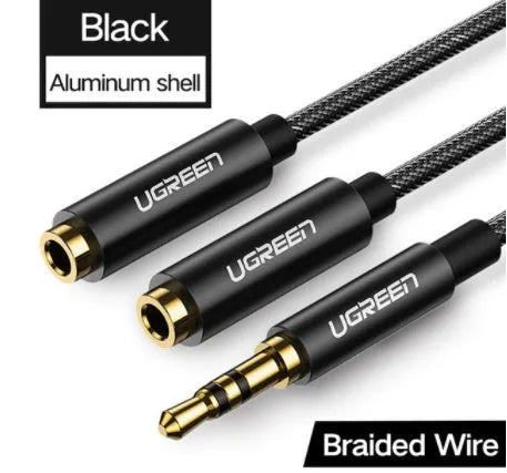 Close up of 3.5mm gold plated earphone cable with TPE coating and aluminum alloy shell in black