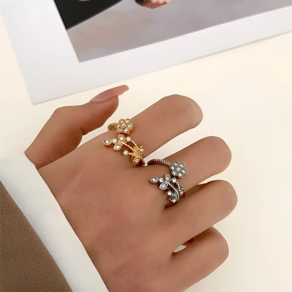 Women's open ring with diamond-treated flower and leaf designs on copper in gold colour option
