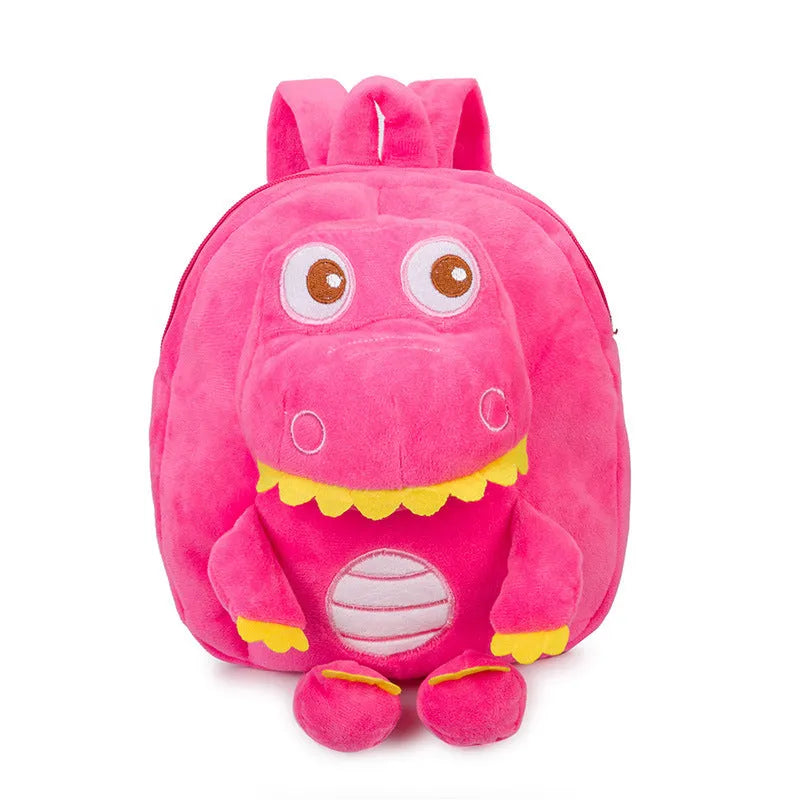 Dinosaur plush toy backpack for children with embroidery detailing and soft handle in blue colour