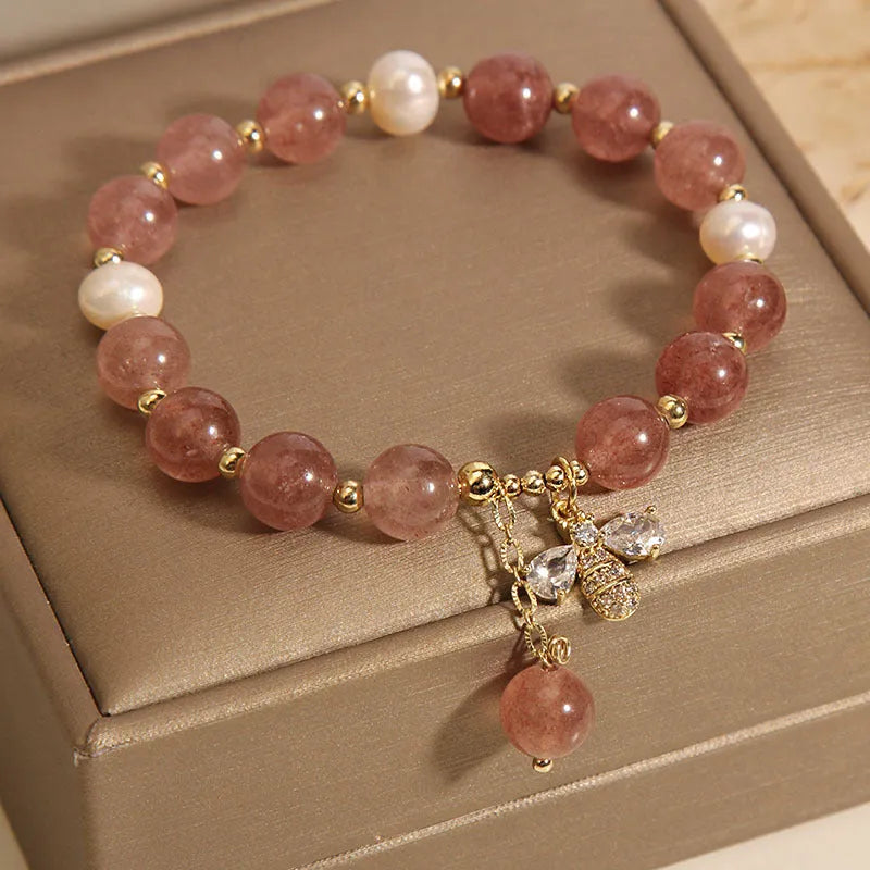 Women's pink strawberry quartz and white freshwater pearl bracelet with zircon accents on alloy chain