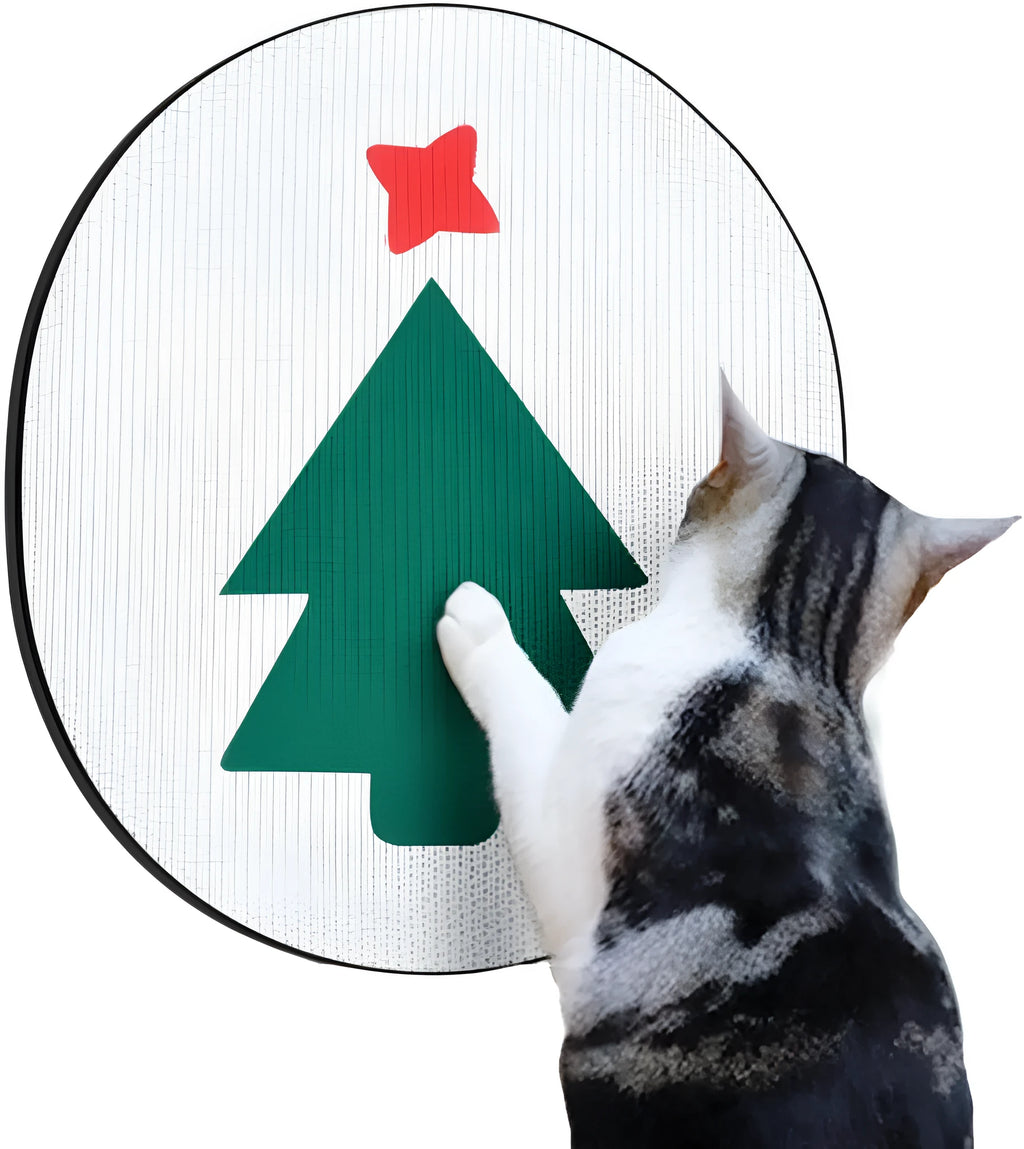 Vertical wall-mounted cardboard cat scratch pad with decorative print on wall