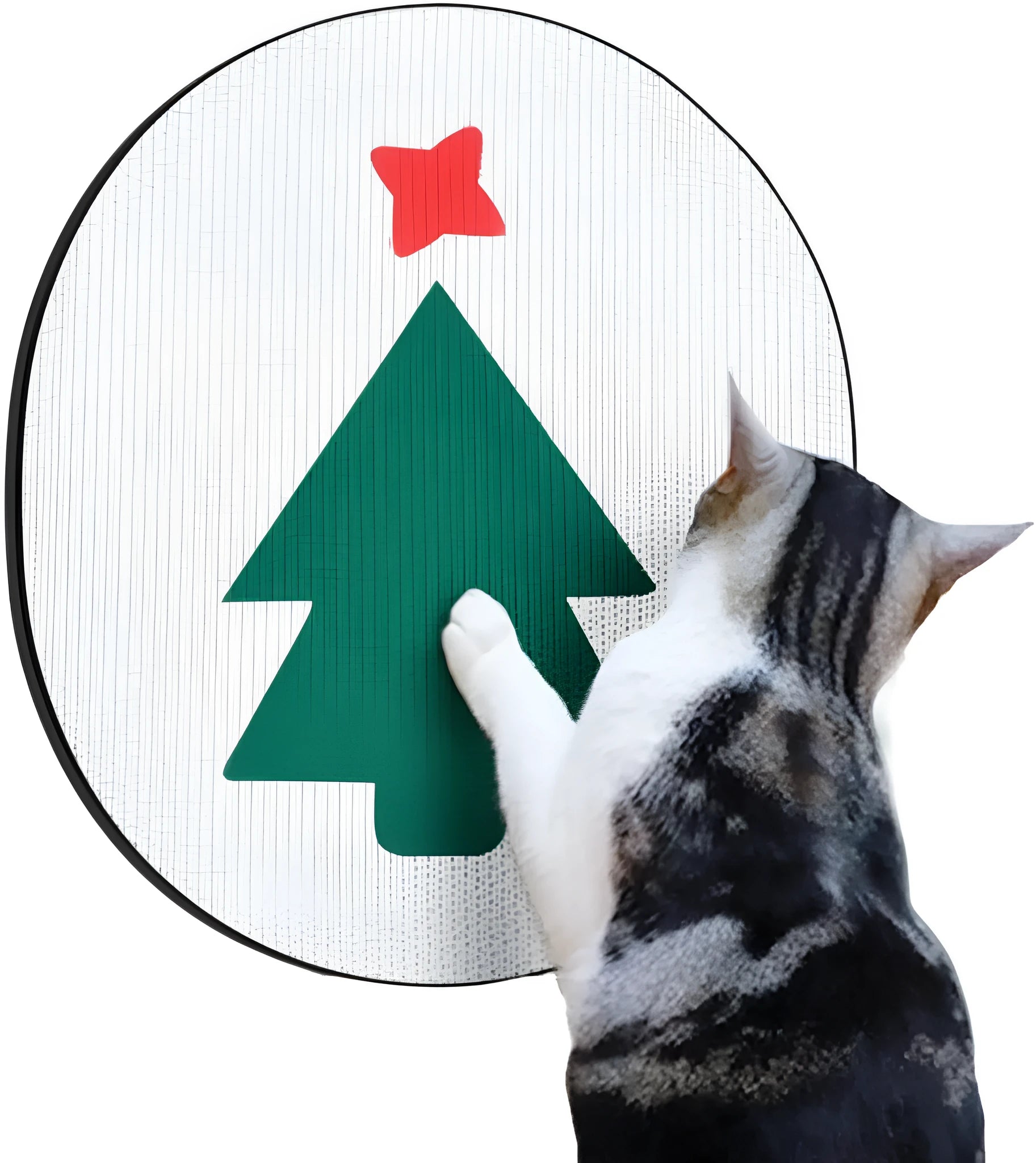 Vertical wall-mounted cardboard cat scratch pad with decorative print on wall