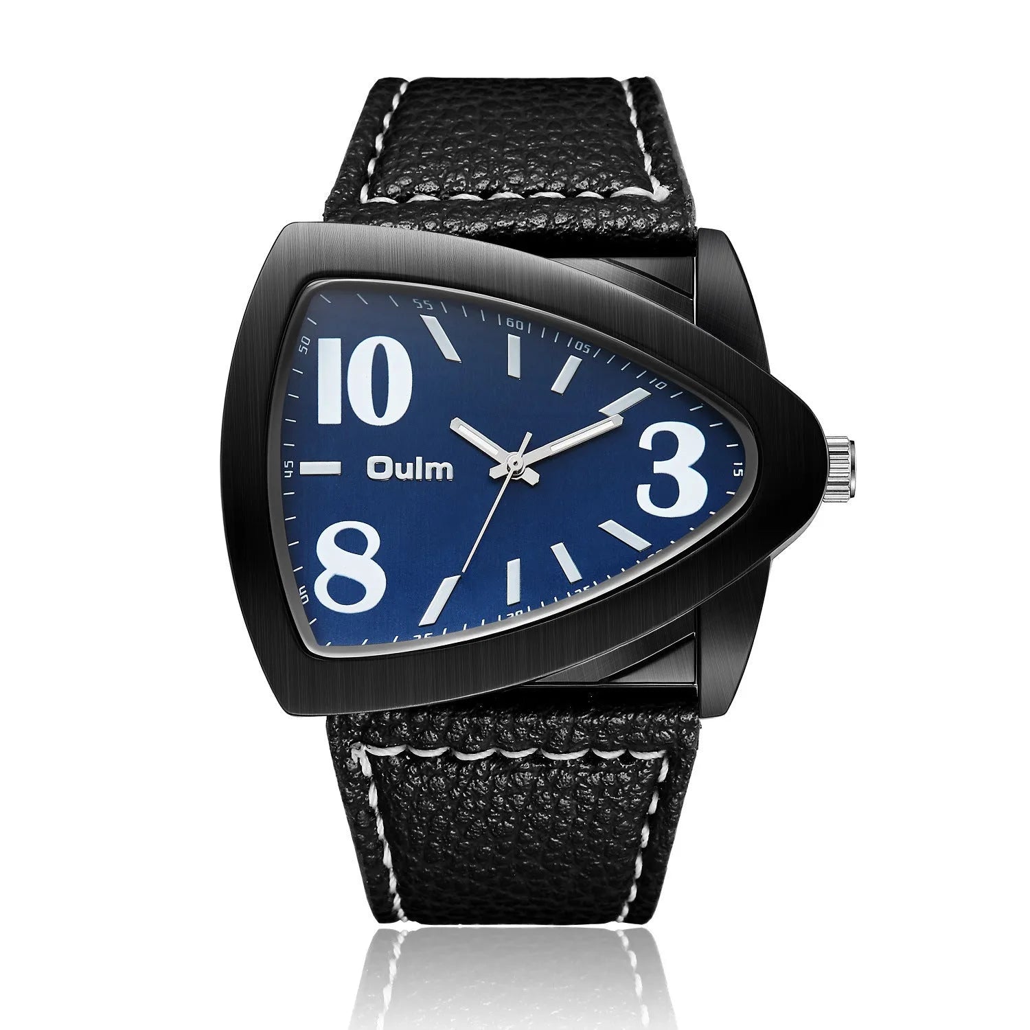 Men's casual watch with a triangular belt, slim case, on wrist showing brown, black, and blue colour variants.