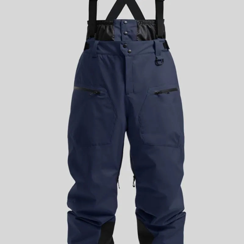 Men's black linen waterproof ski trousers with a thickened strap, laid flat.