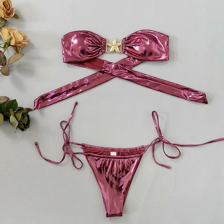 Women's glossy tube top bikini with gold starfish design in sapphire blue colour