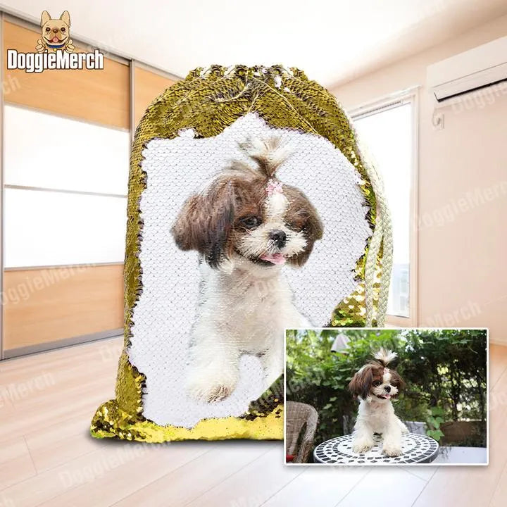 Custom purple sequin backpack with a personalised dog photo and drawstring opening.