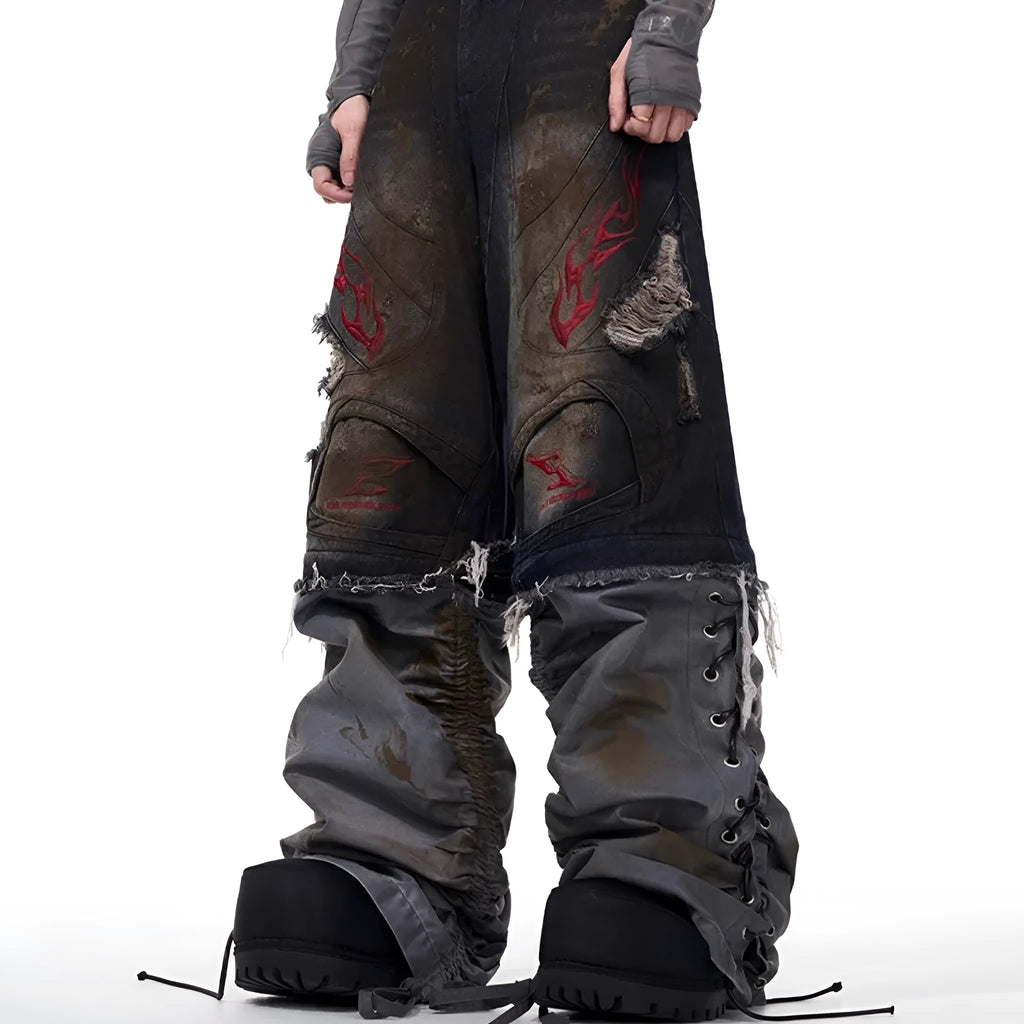 Men's light blue wide-leg jeans with detachable trouser legs shown on a hanger.