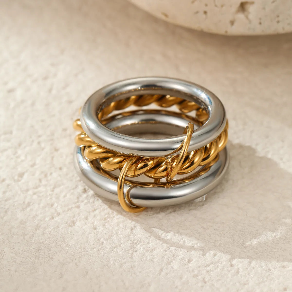 Stacked stainless steel ring set with gold plating in three colour variants