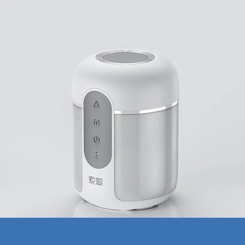 Compact black portable Bluetooth speaker showing front speaker grille and control buttons
