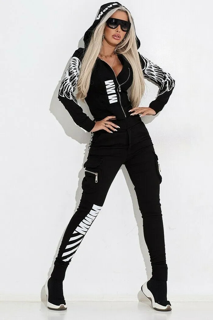 Black women's casual suit with wings print, featuring a hooded zip-up top and trousers.