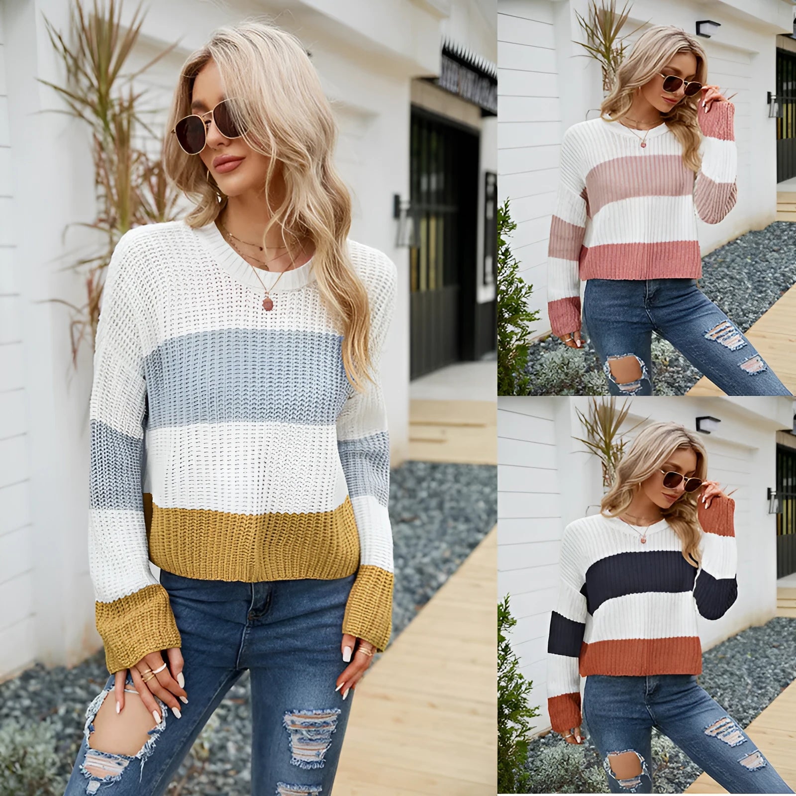 Women's pink and dark blue striped loose pullover with short length on hanger