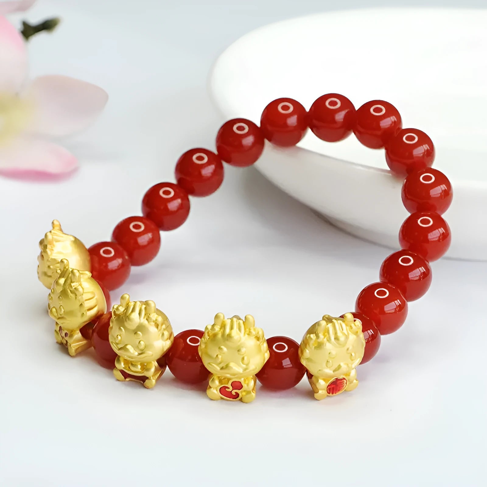 Red agate Five Blessing Dragon bracelet with 8mm beads, Chinese style.