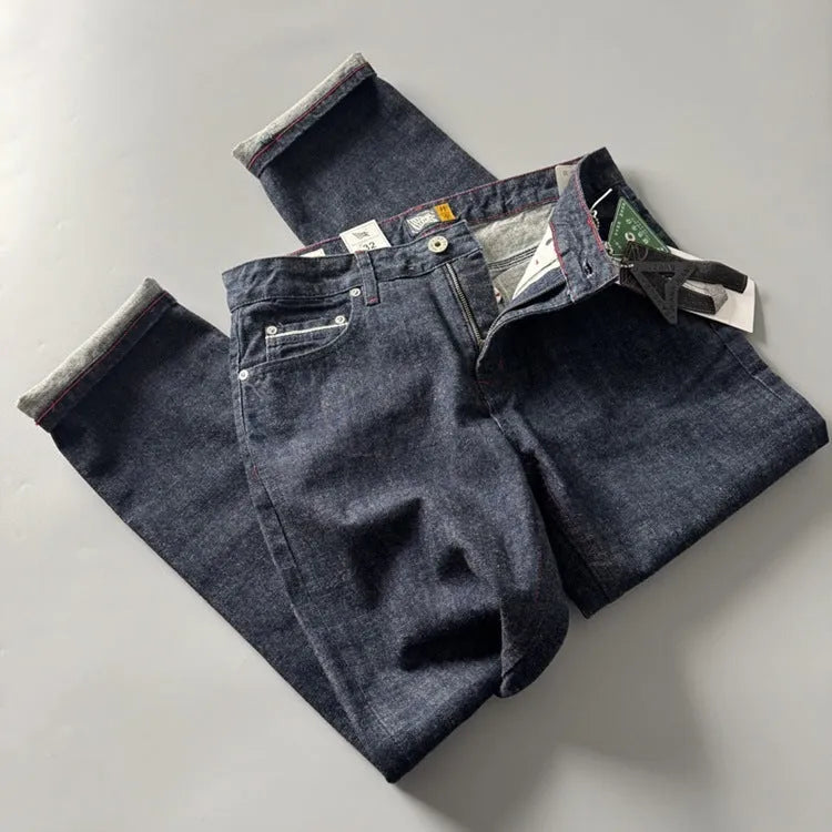 Men's straight leg cotton denim trousers in primary colour showing retro American style