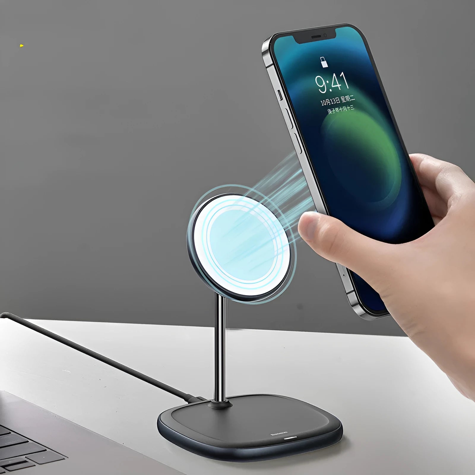 Swan Magnetic Desktop Stand Wireless Charger for Apple iPhone 12 in black colour on a desk