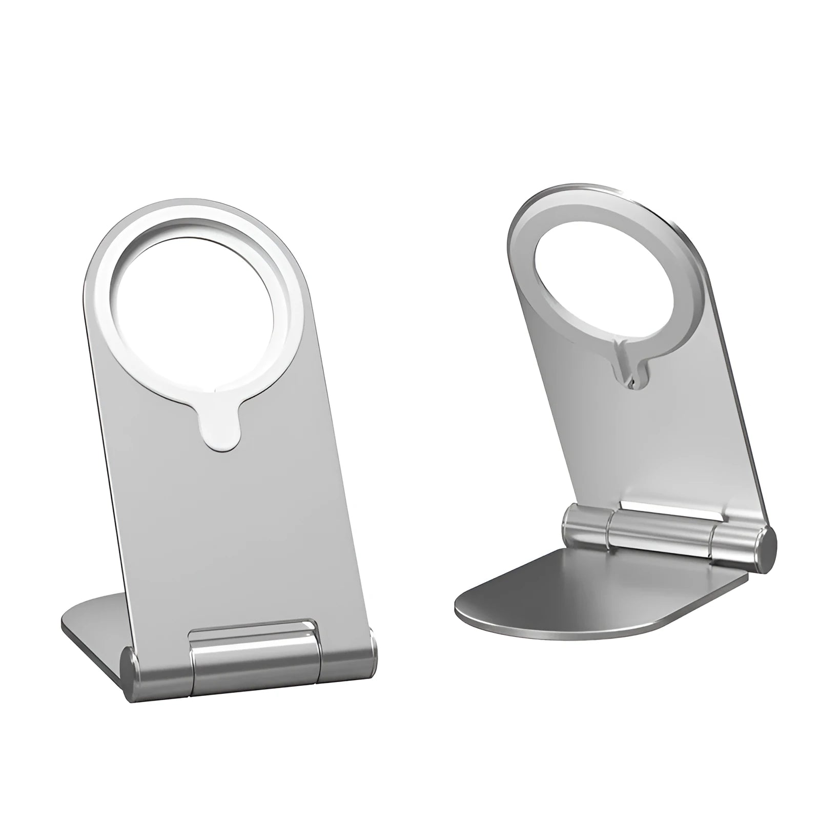 Silver vertical magnetic bracket body made of aluminium alloy and plastic for iPhone 12, measuring 105mm x 110mm