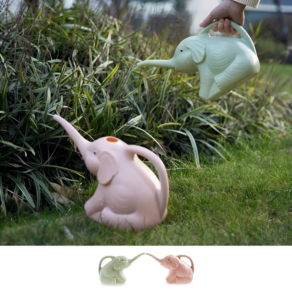 Pink elephant-shaped children's watering can with a long nozzle and baby bottle handle.
