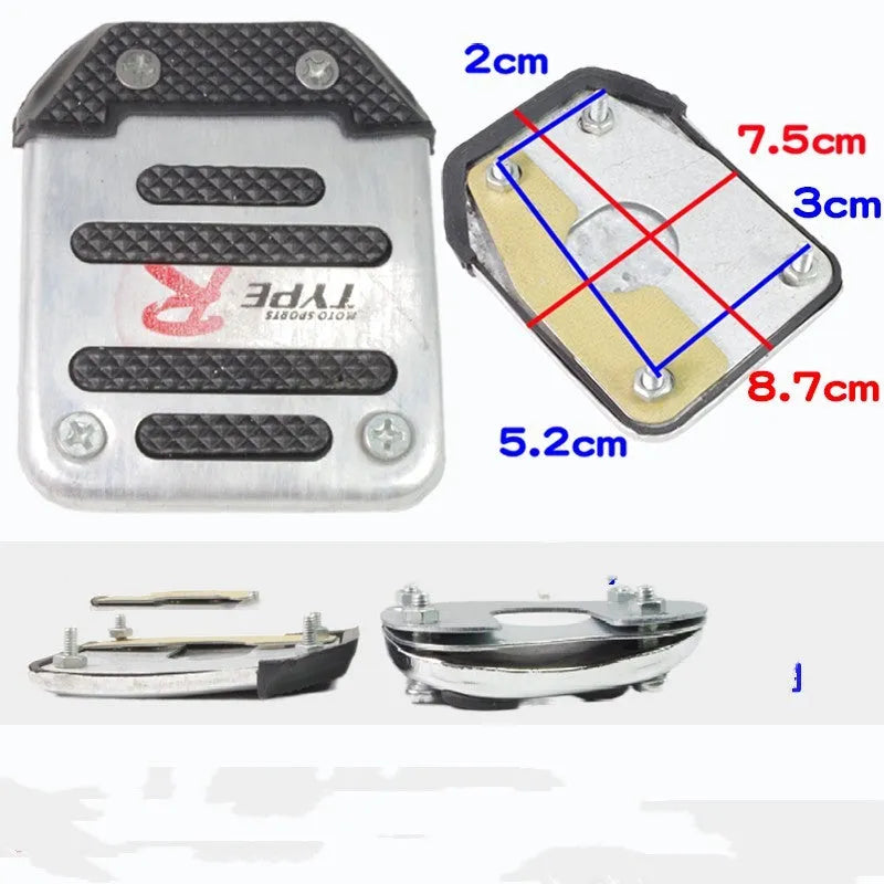 Metal motorcycle brake pedal skid plate replacement part showing three configuration options