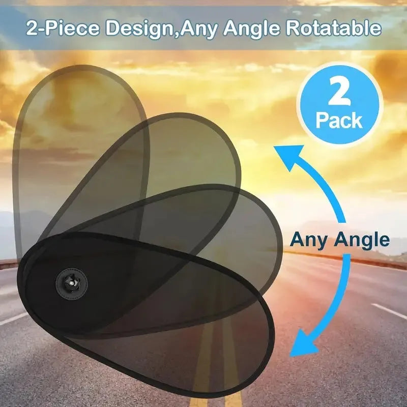 Black stretchy car side window shade installed with suction cups to protect baby from sun.