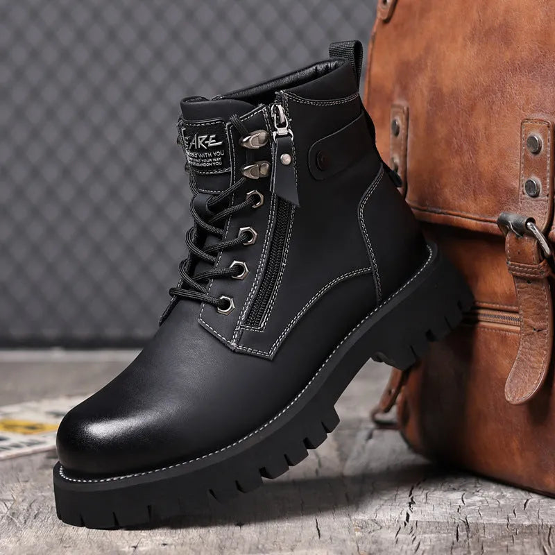 Men's brown leather Martin boots with side zipper and mid heel