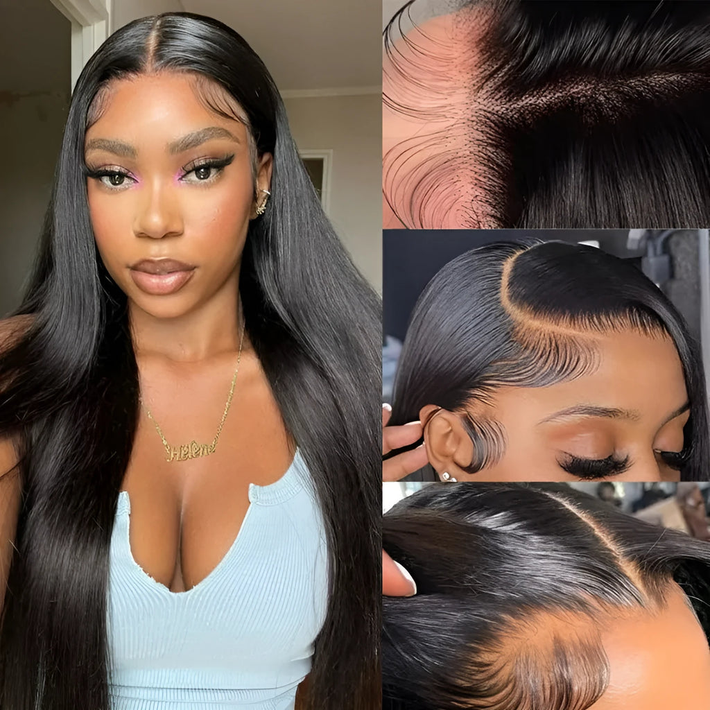 Straight black human hair wig with a 13x6 lace front, shown at a medium length.