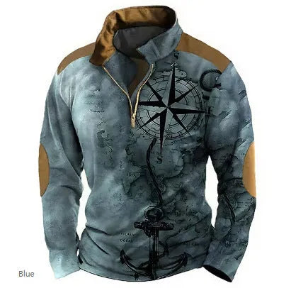 Men's striped retro print golf t-shirt with long sleeves and zipper details in loose fit