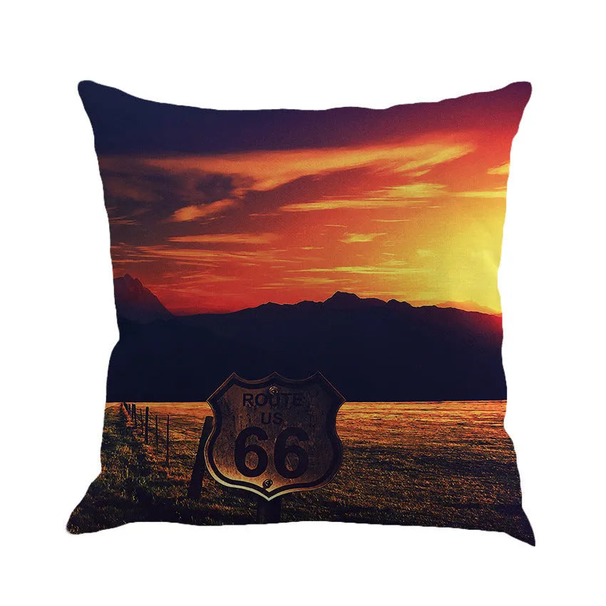 Square linen blend cushion cover with Route 66 landscape print, shown in one of six colour options.