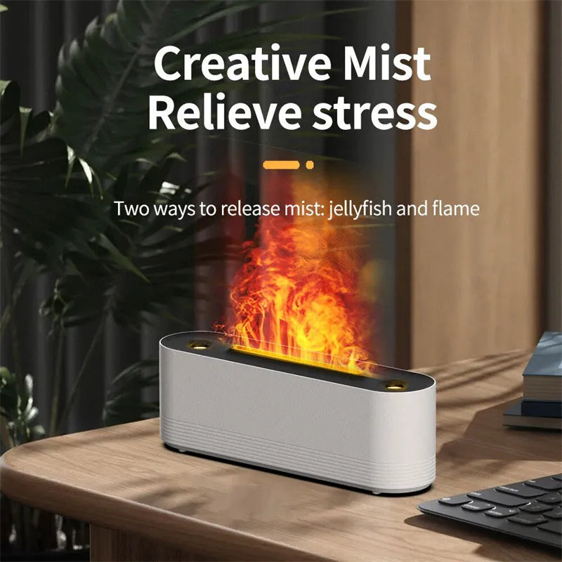 Black ultrasonic humidifier diffuser with colourful LED lights creating flame-like mist effect