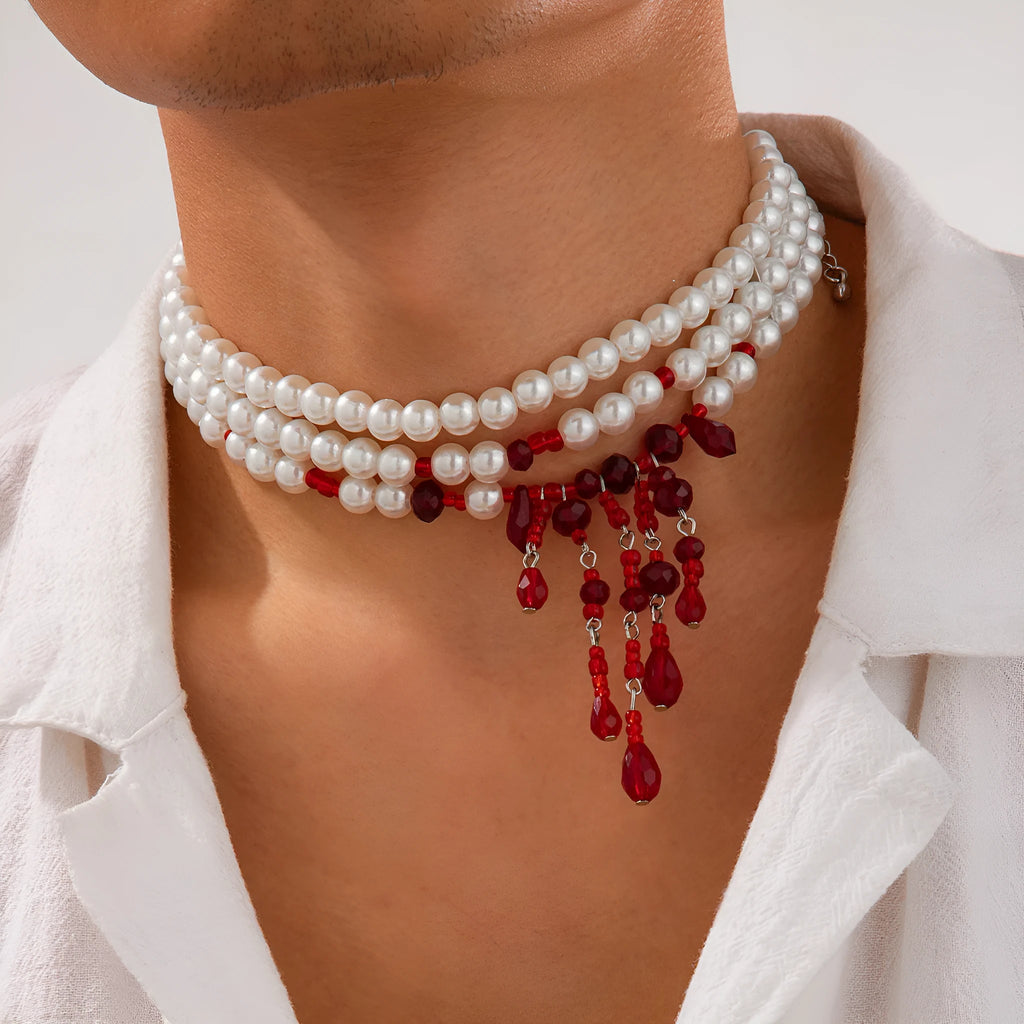 Halloween men's blood drop artificial crystal necklace with adjustable chain in red and black colour option