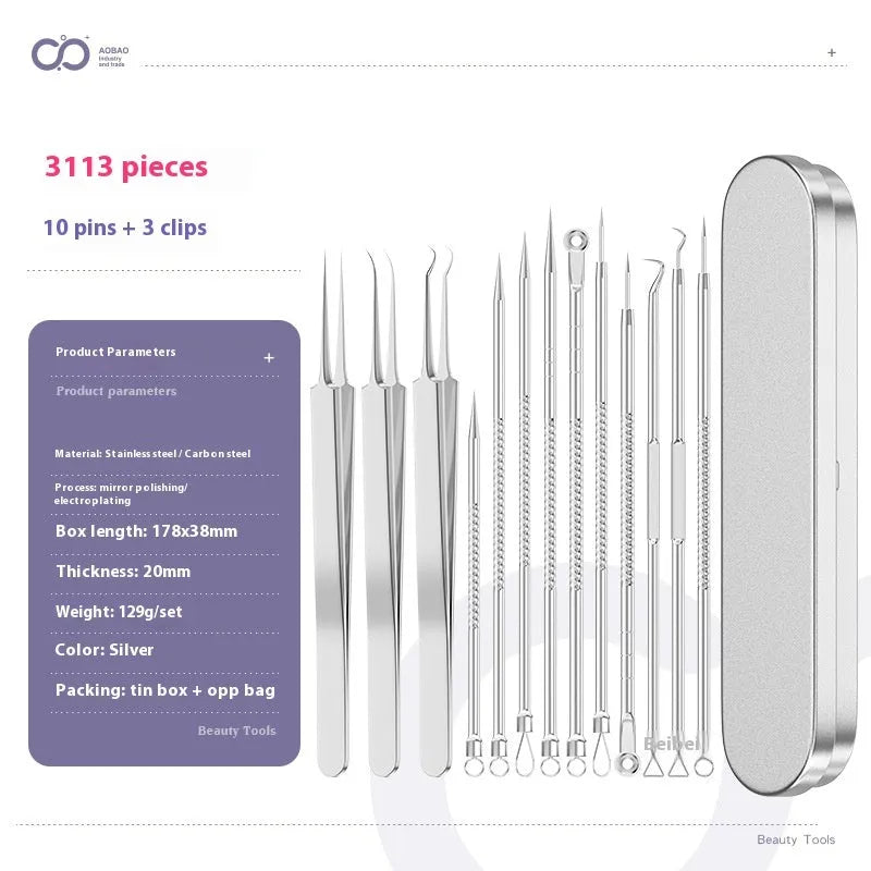 Four-piece metal acne needle set with ultra-fine pointed tips for blackhead removal