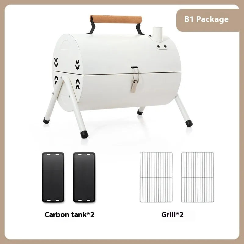 White round portable charcoal barbecue grill with folding design and detachable components