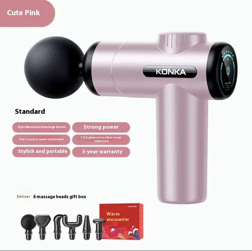 Konka professional mini electric massage gun with multiple attachment heads on a grey background