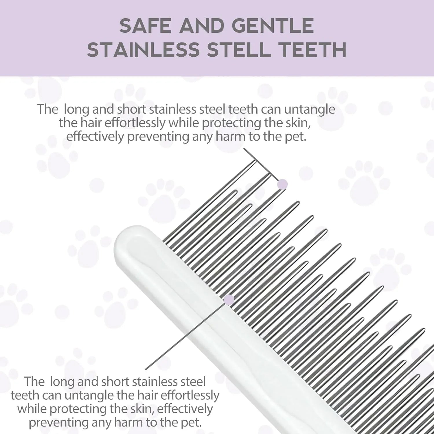 Purple pet detangling comb with stainless steel teeth and ergonomic handle for dog and cat grooming
