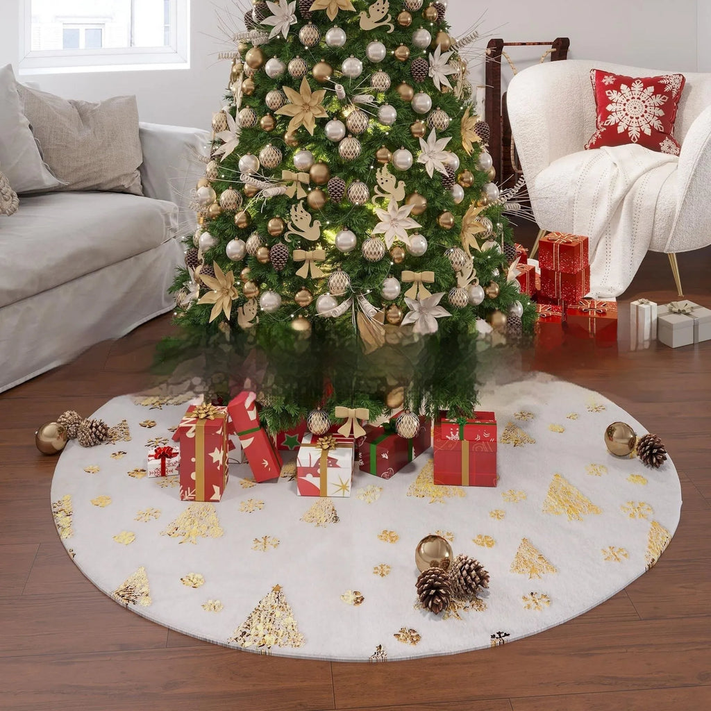 Plush Christmas tree floor mat with detailed gilding snowflake design, shown in multiple sizes.