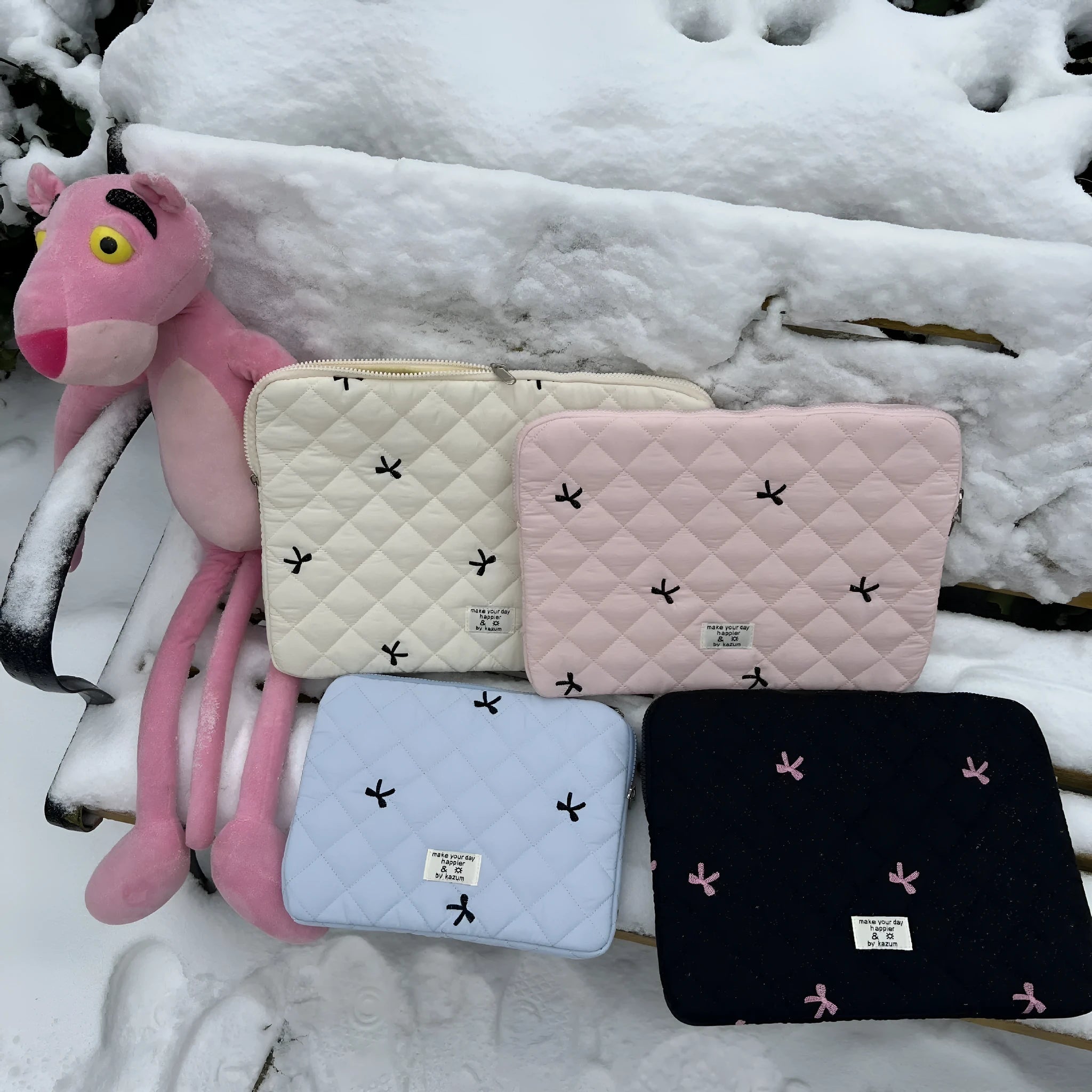 Cute rhombus embroidered bow nylon laptop storage bag in multiple colours and sizes