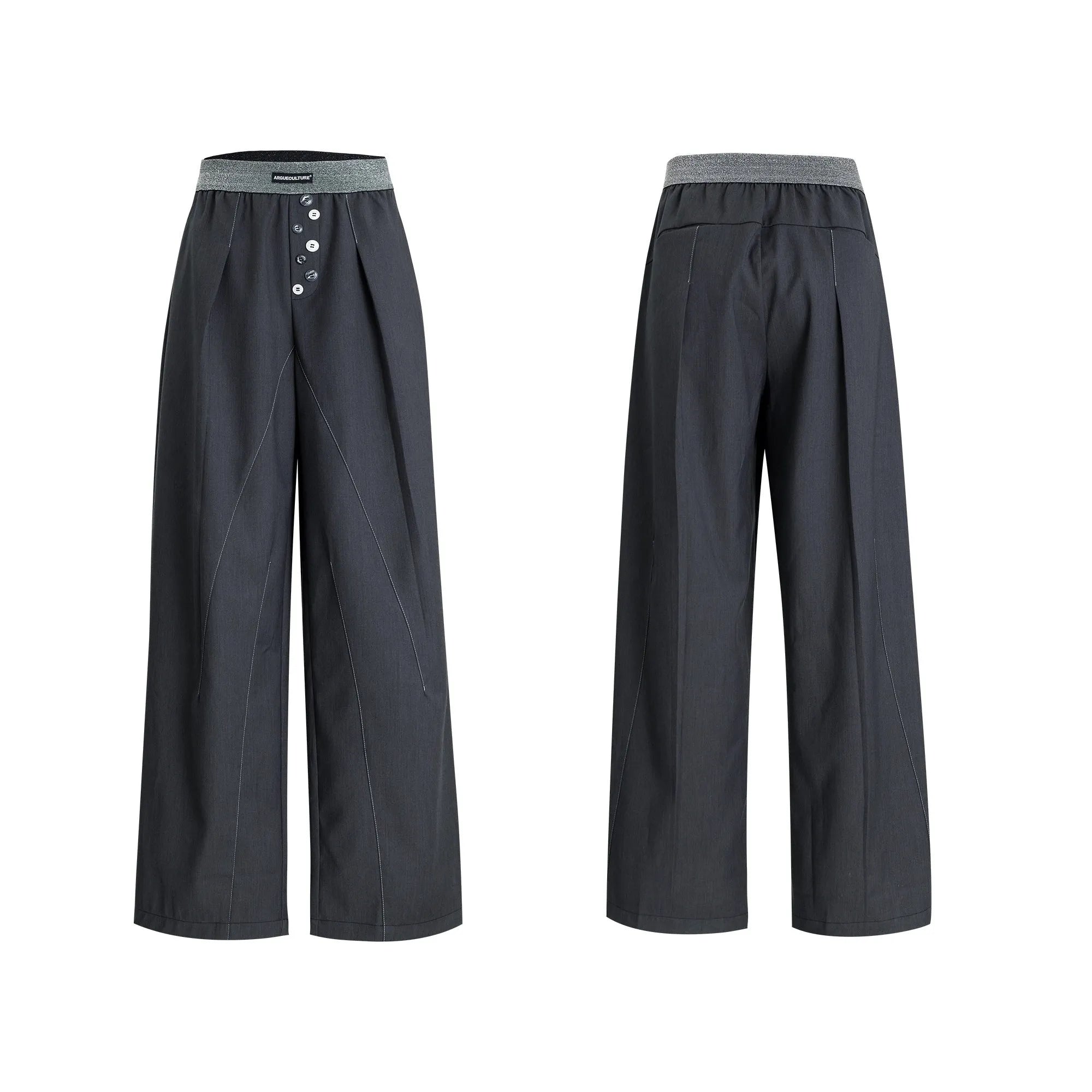 Men's grey straight-leg high-waisted trousers with a button-fly opening on a neutral background.