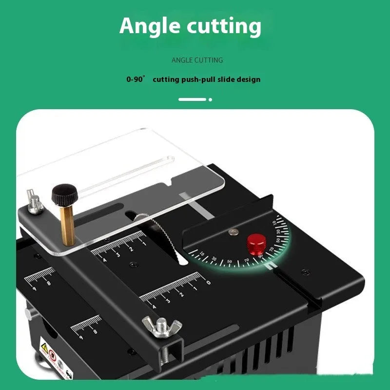 Cordless lithium-ion micro desktop saw with angle grinder design and five accessory attachments