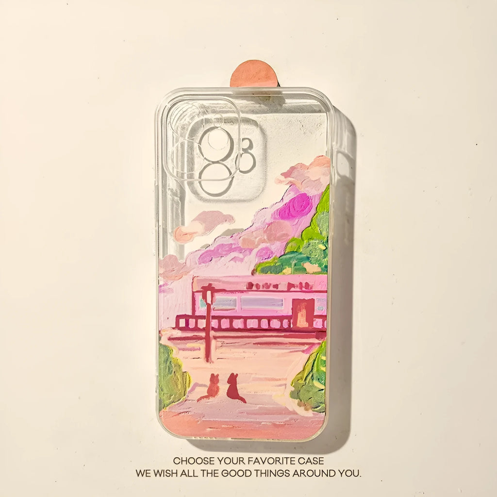 Soft Silicone iPhone case with a colourful cartoon design of two cats on the back.