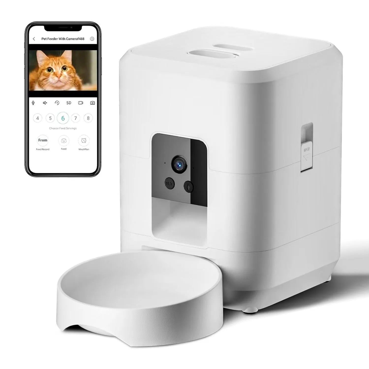 Automatic cat feeder with digital display and food storage compartment in white finish