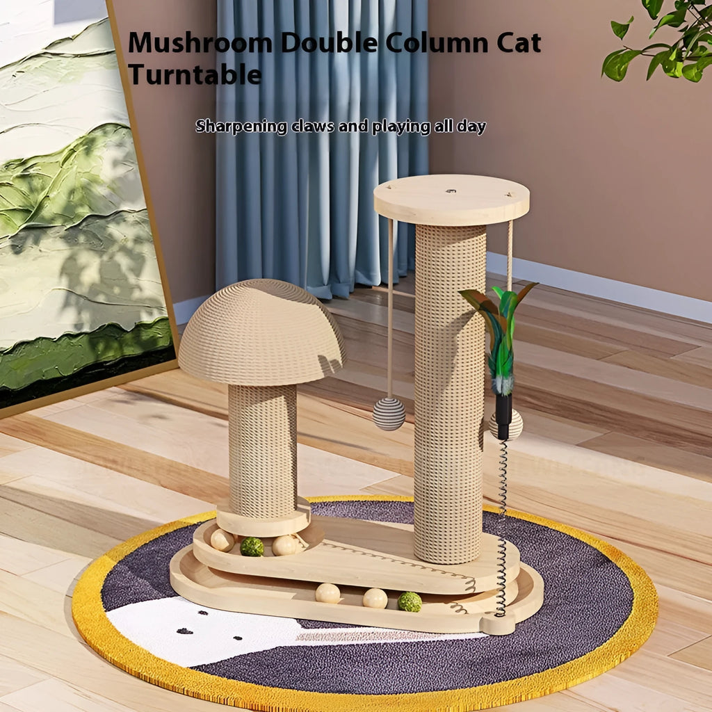 Solid wood cat scratching post with turntable climbing frame in multiple design variations