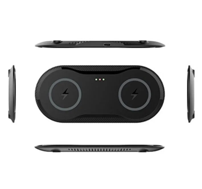 Black and white dual wireless charger charging two phones simultaneously with type-C cable